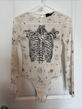 Frederick's of Hollywood Forever 21 Cream Sheer Printed Long Sleeve Bodysuit